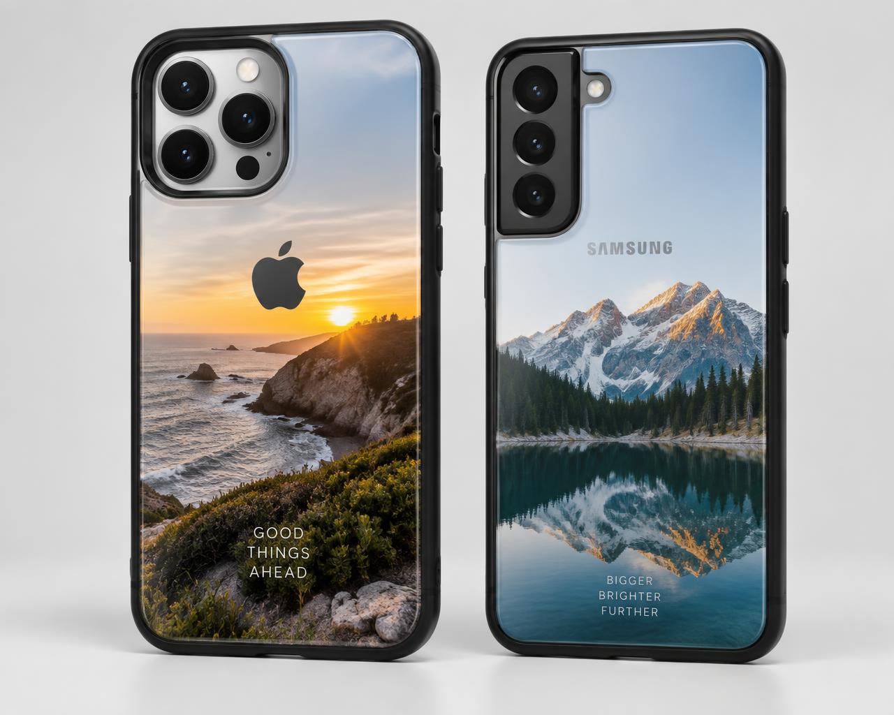 Individuell bedruckte Hüllen für iPhone und Samsung nebeneinander